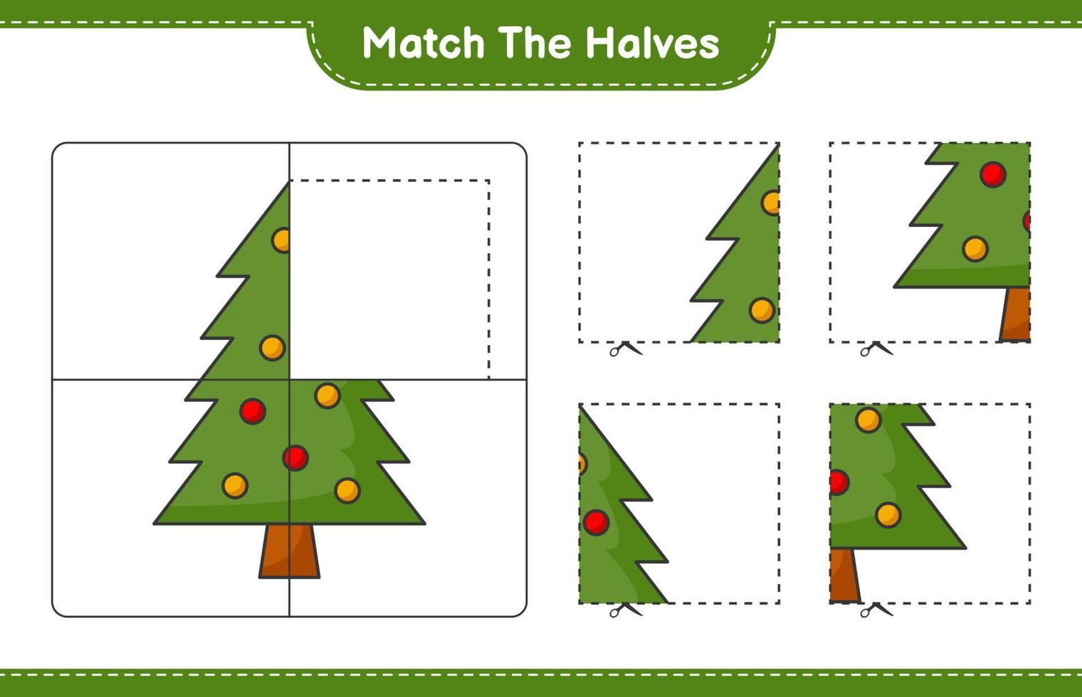 Empareja las mitades. emparejar las mitades del árbol de navidad. juego educativo para niños, hoja de cálculo imprimible, ilustración vectorial vector