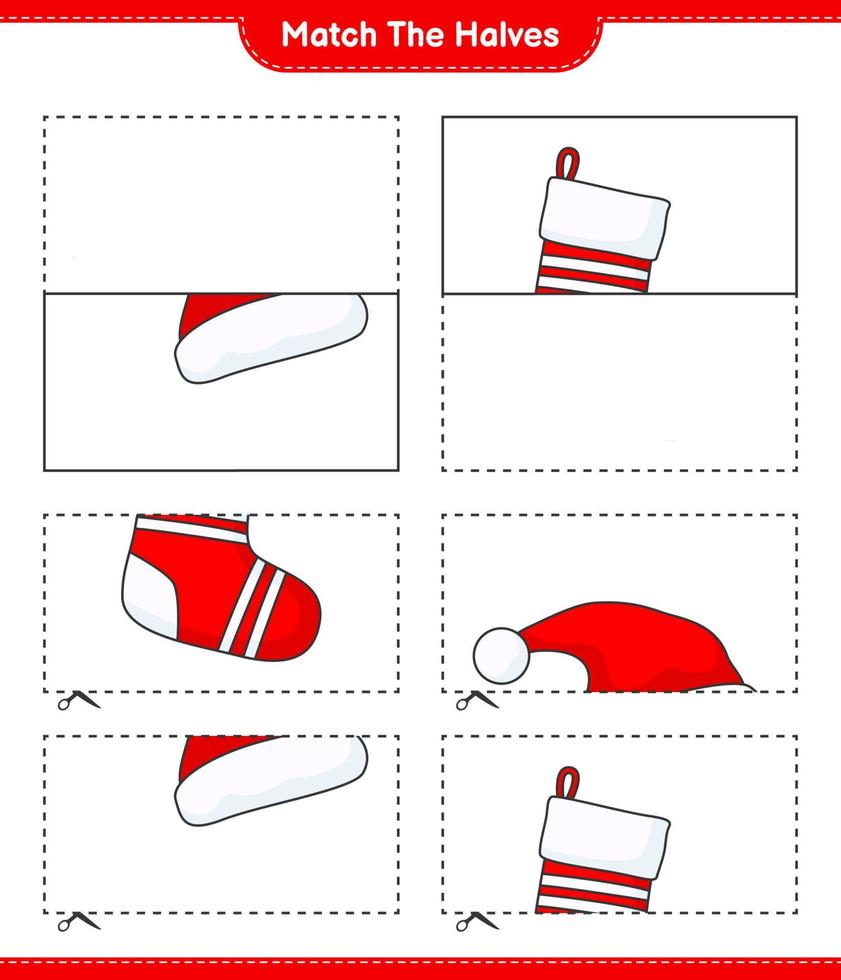 Empareja las mitades. combina las mitades del gorro de Papá Noel y el calcetín de Navidad. juego educativo para niños, hoja de cálculo imprimible, ilustración vectorial vector