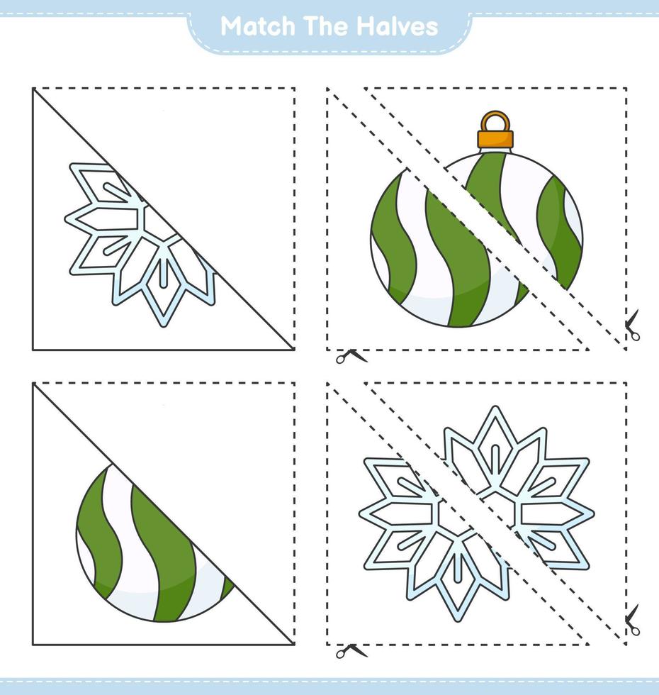 Empareja las mitades. combinar mitades de copo de nieve y bola de navidad. juego educativo para niños, hoja de cálculo imprimible, ilustración vectorial vector