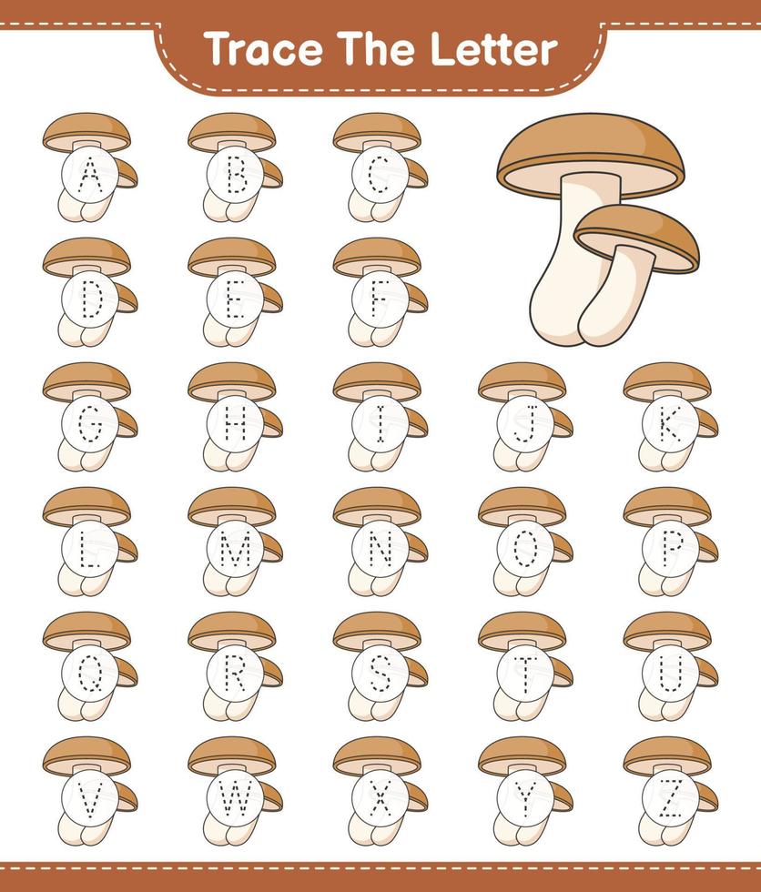 Trace the letter. Tracing letter alphabet with Shiitake. Educational children game, printable worksheet, vector illustration