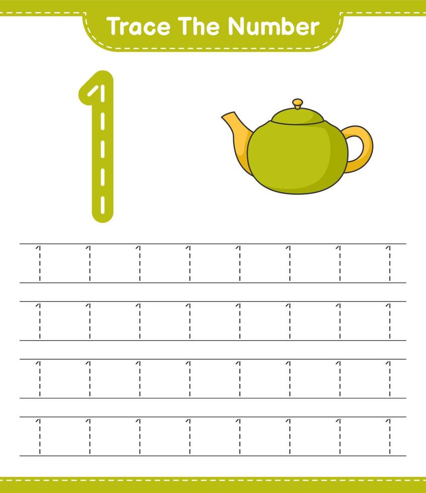 Trace the number. Tracing number with Teapot. Educational children game, printable worksheet, vector illustration