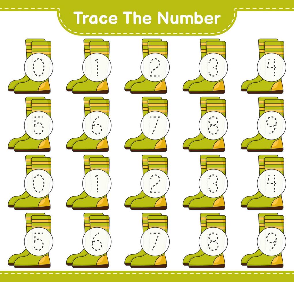 Trace the number. Tracing number with Rubber Boots. Educational children game, printable worksheet, vector illustration