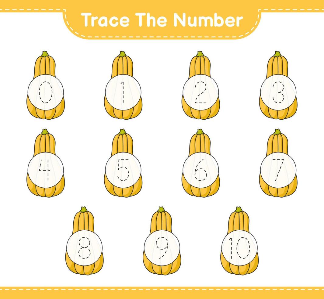 Trace the number. Tracing number with Butternut Squash. Educational children game, printable worksheet, vector illustration