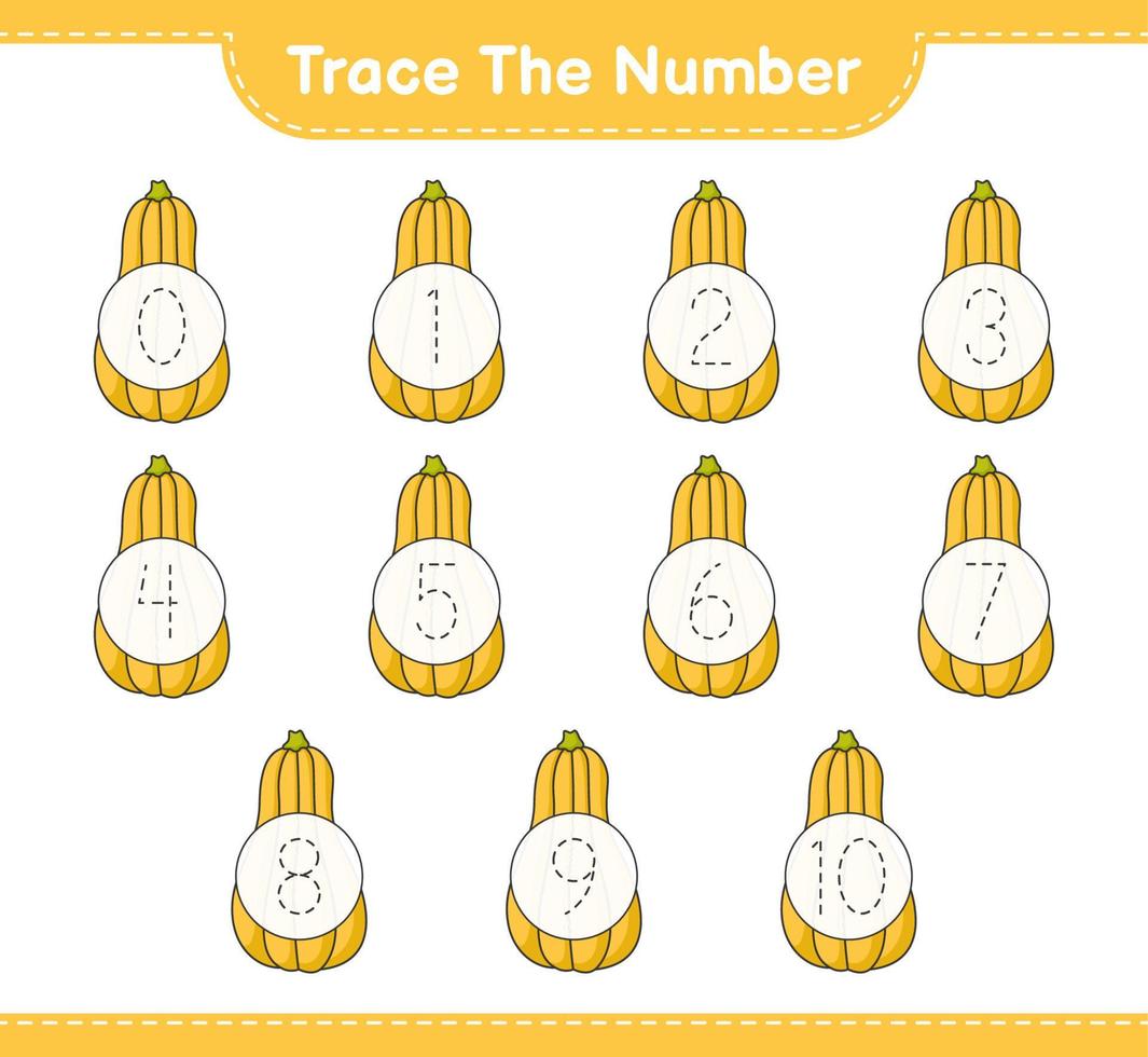 Trace the number. Tracing number with Butternut Squash. Educational children game, printable worksheet, vector illustration