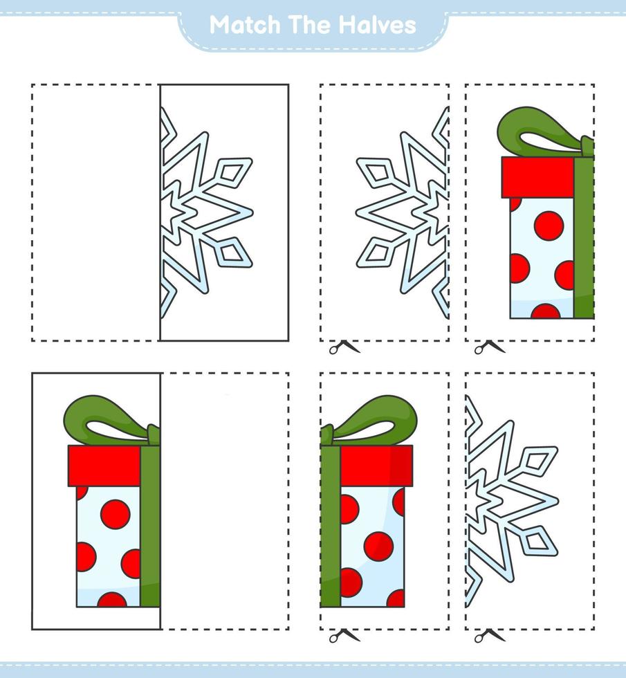 Match the halves. Match halves of Snowflake and Gift Box. Educational children game, printable worksheet, vector illustration
