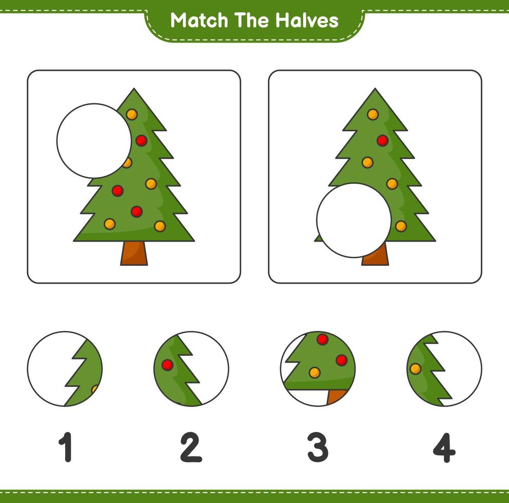 Match the halves. Match halves of Christmas Tree. Educational children game, printable worksheet, vector illustration