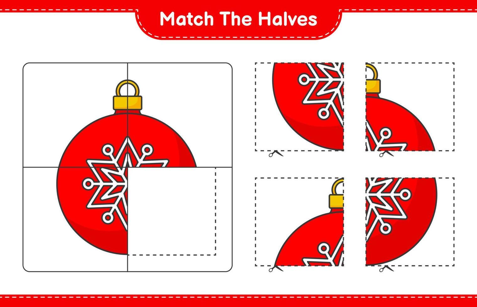 Match the halves. Match halves of Christmas Ball. Educational children game, printable worksheet, vector illustration