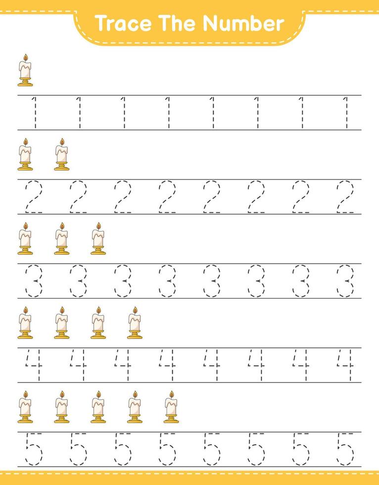 Trace the number. Tracing number with Candle. Educational children game, printable worksheet, vector illustration