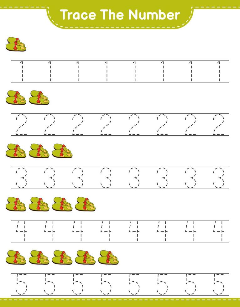 Trace the number. Tracing number with Slippers. Educational children game, printable worksheet, vector illustration