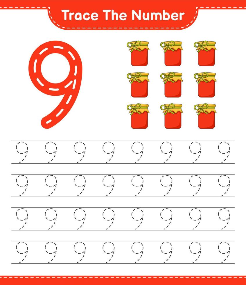 Trace the number. Tracing number with Jam. Educational children game, printable worksheet, vector illustration