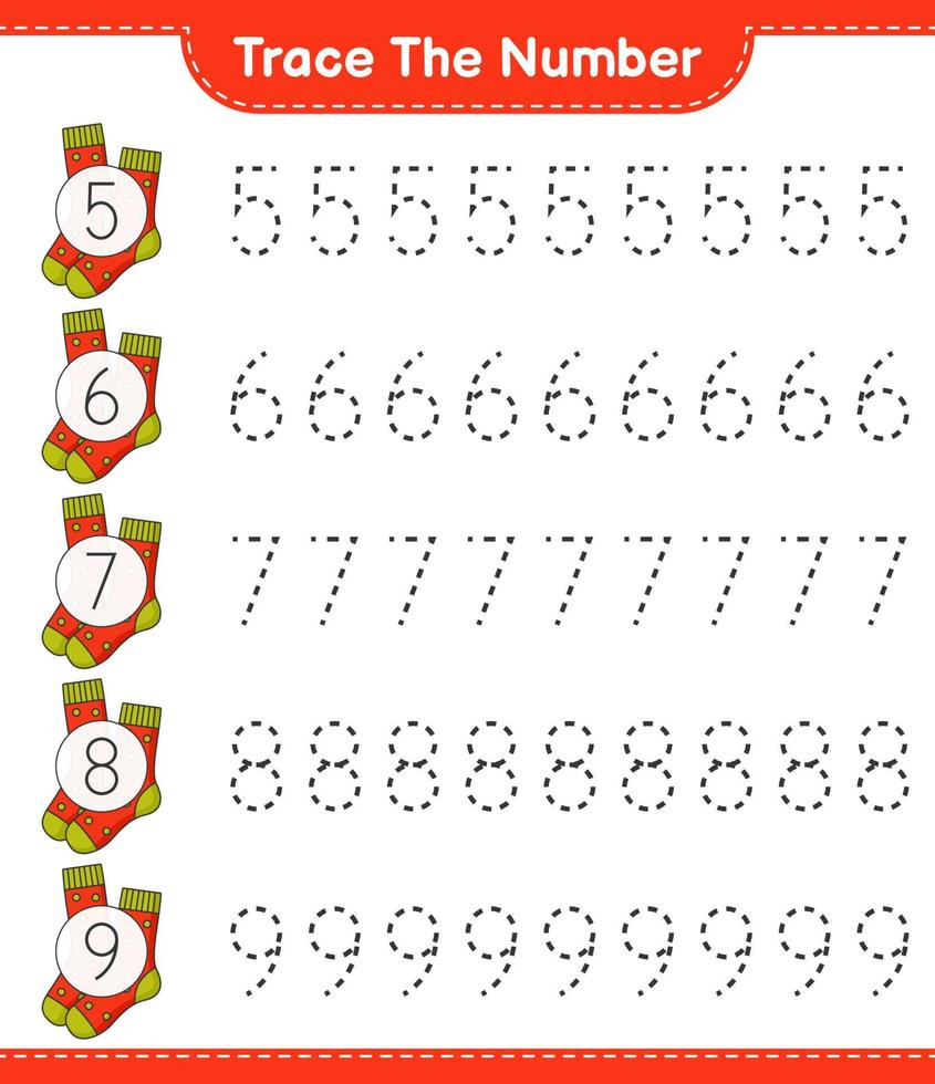 Trace the number. Tracing number with Socks. Educational children game, printable worksheet, vector illustration