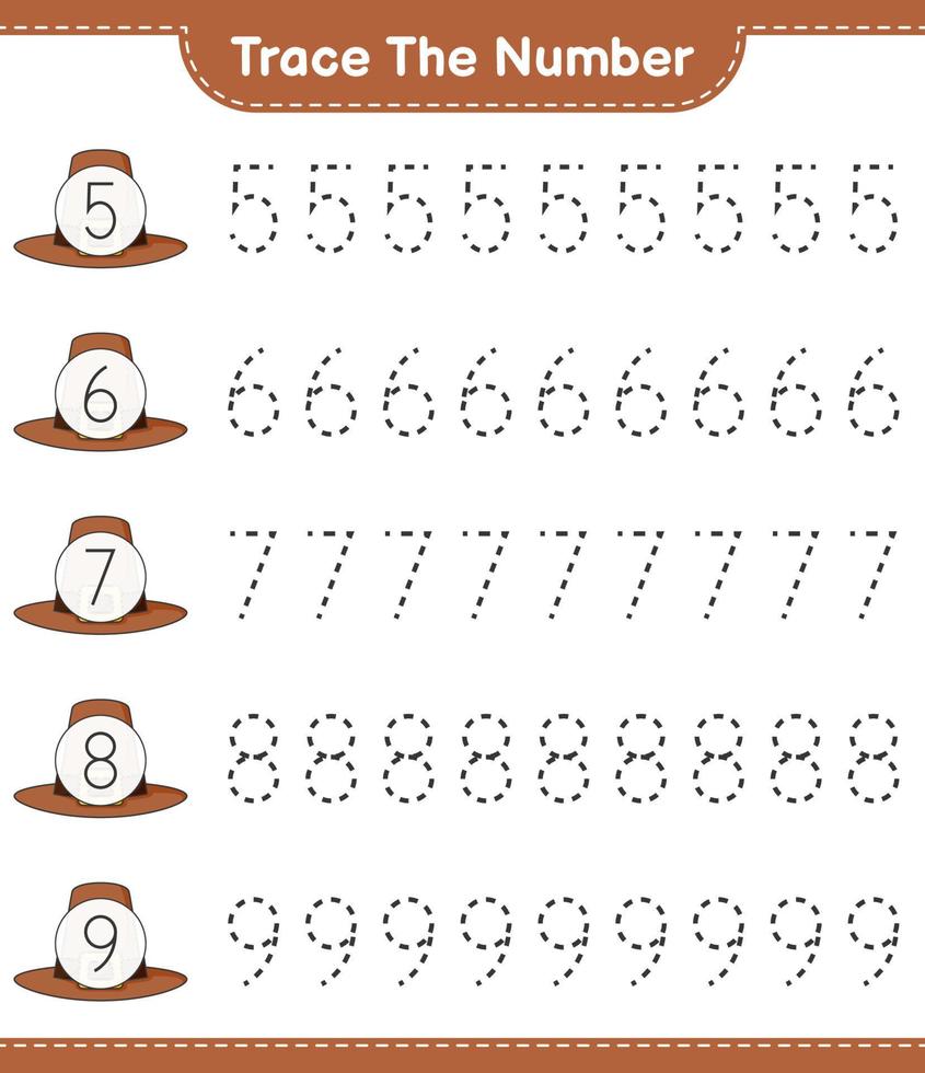 Trace the number. Tracing number with Hat. Educational children game, printable worksheet, vector illustration