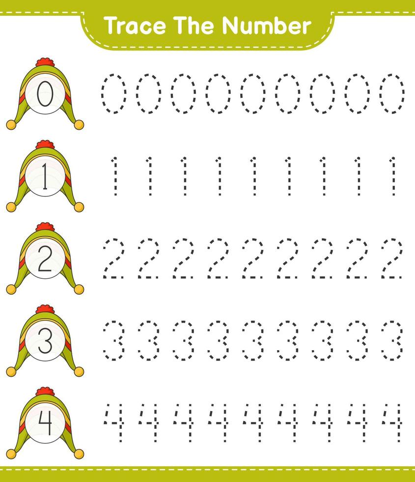 Trace the number. Tracing number with Hat. Educational children game, printable worksheet, vector illustration