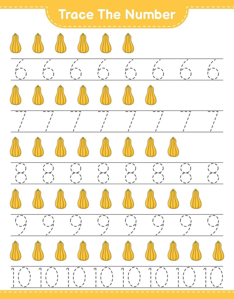 Trace the number. Tracing number with Butternut Squash. Educational children game, printable worksheet, vector illustration