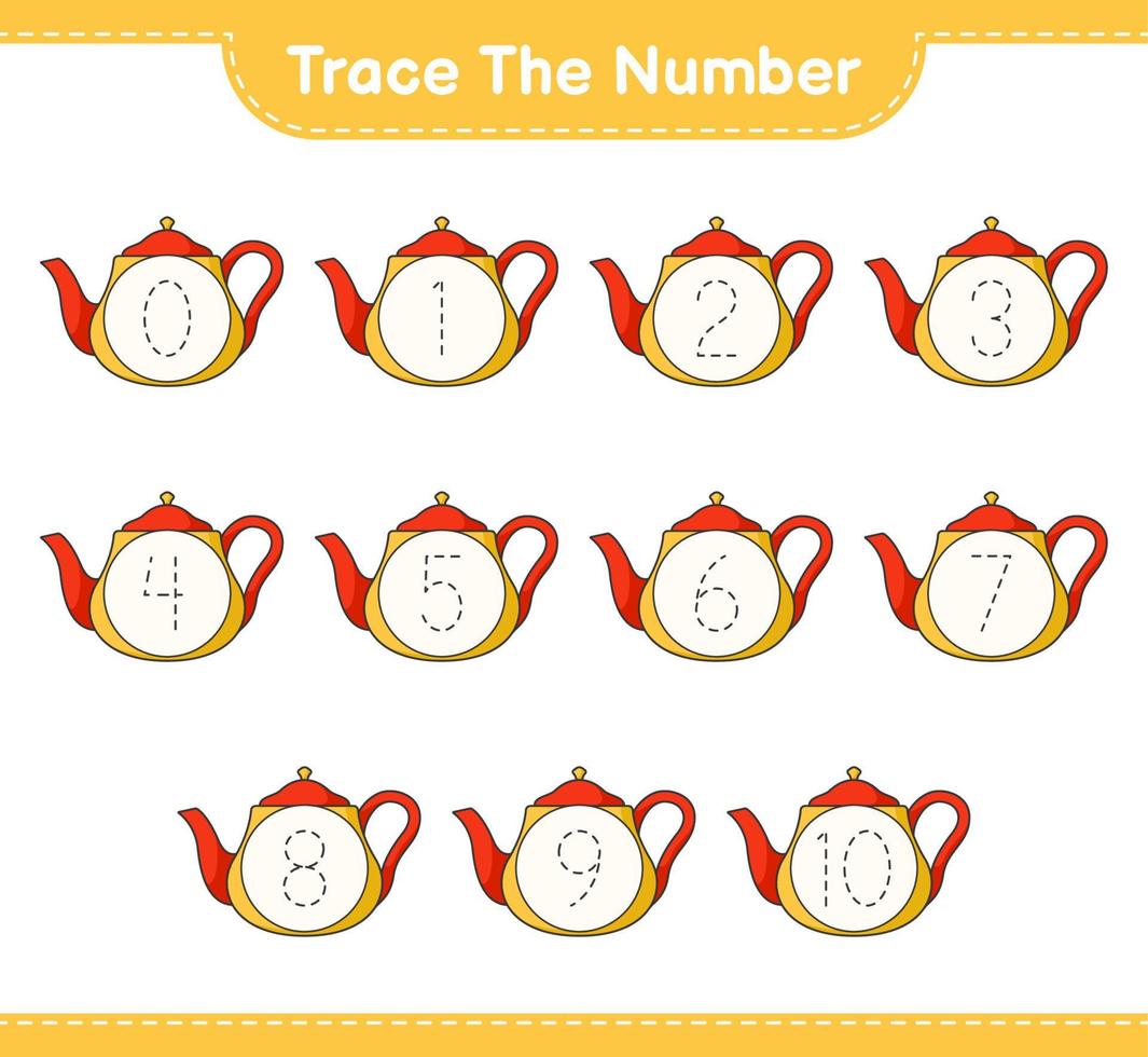 Trace the number. Tracing number with Teapot. Educational children game, printable worksheet, vector illustration