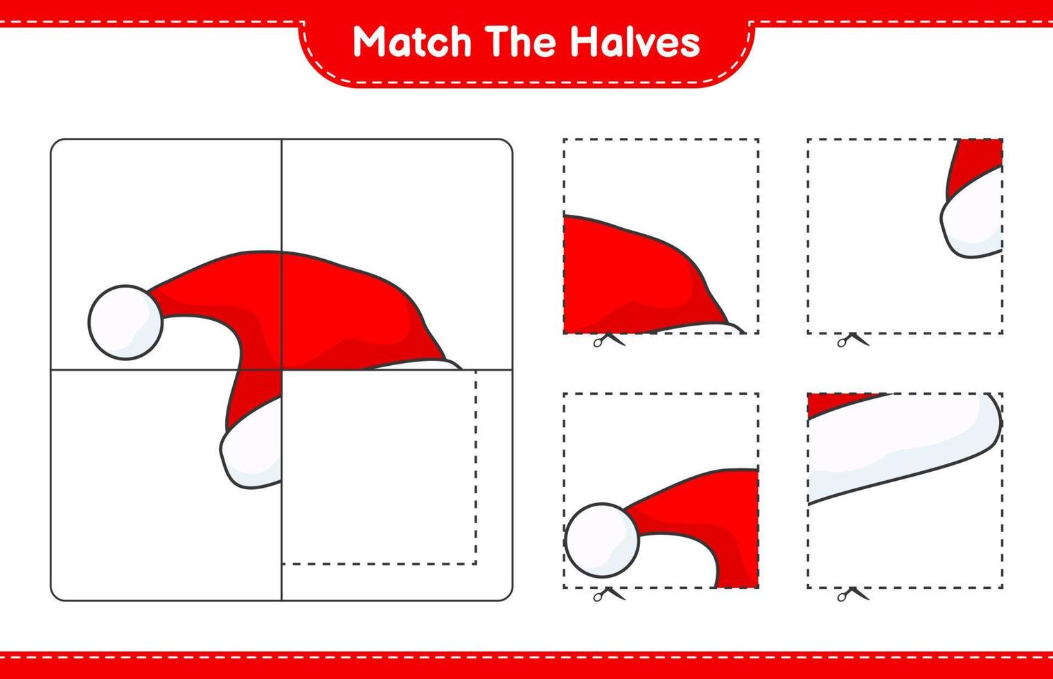 Match the halves. Match halves of Santa Hat. Educational children game, printable worksheet, vector illustration