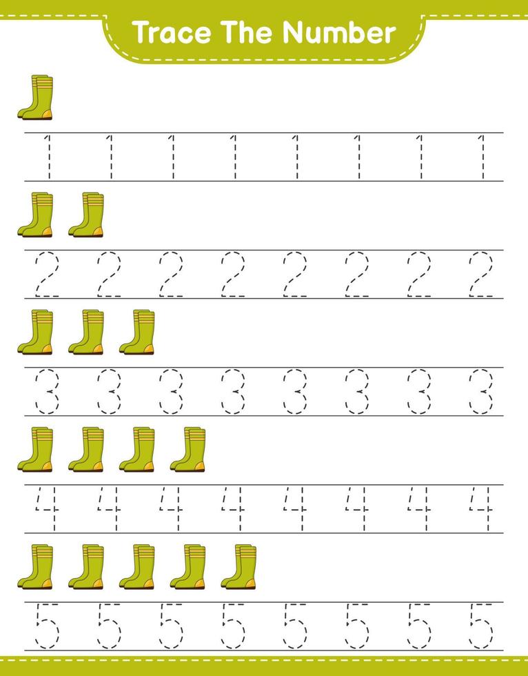 Trace the number. Tracing number with Rubber Boots. Educational children game, printable worksheet, vector illustration