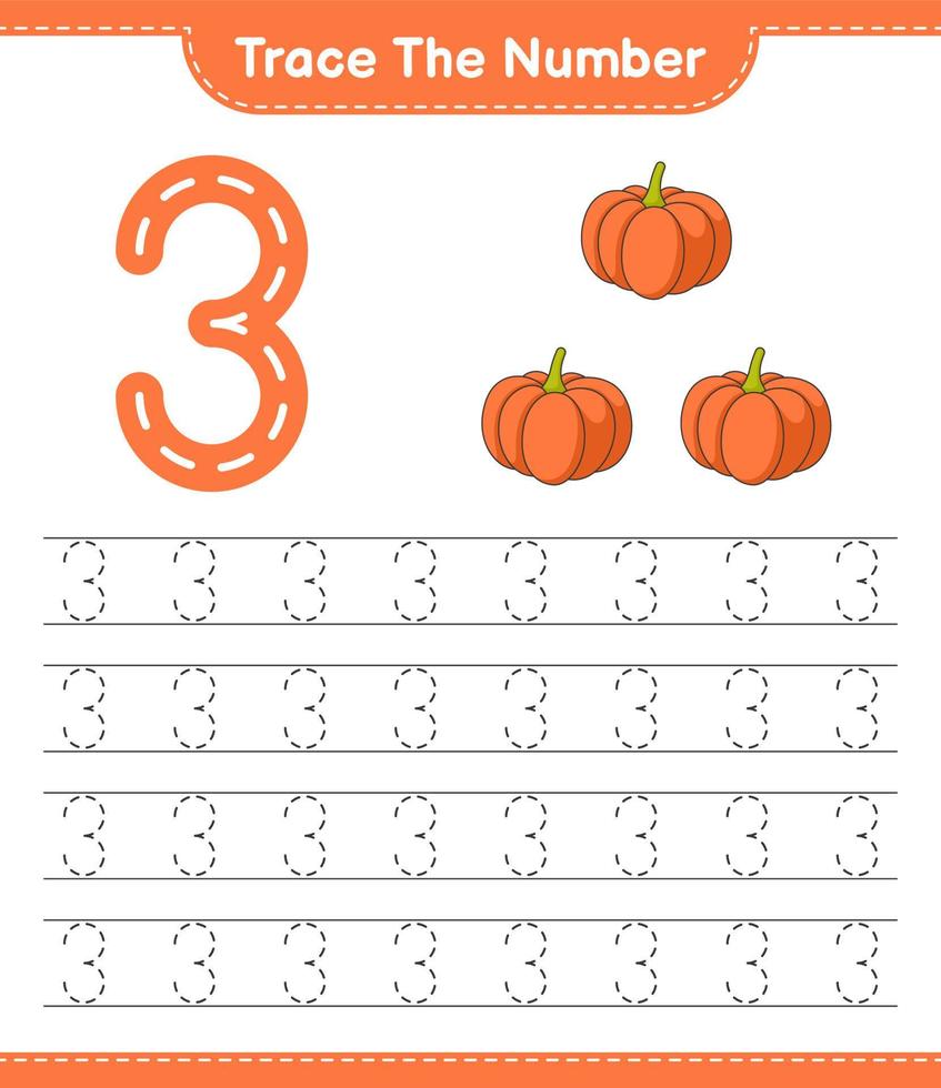 Trace the number. Tracing number with Pumpkin. Educational children game, printable worksheet, vector illustration