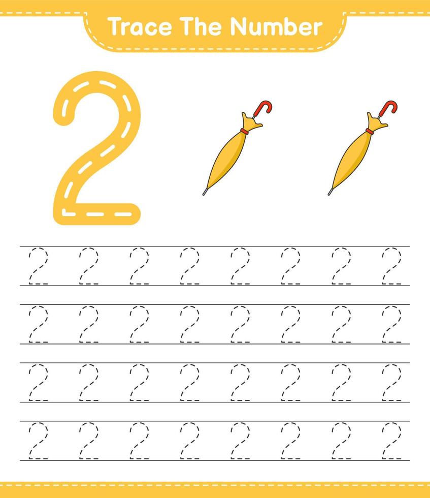 Trace the number. Tracing number with Umbrella. Educational children game, printable worksheet, vector illustration