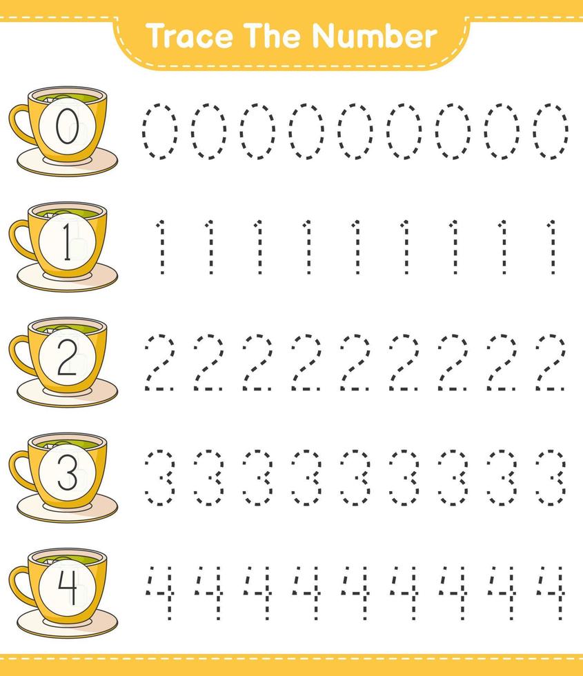Trace the number. Tracing number with Tea Cup. Educational children game, printable worksheet, vector illustration