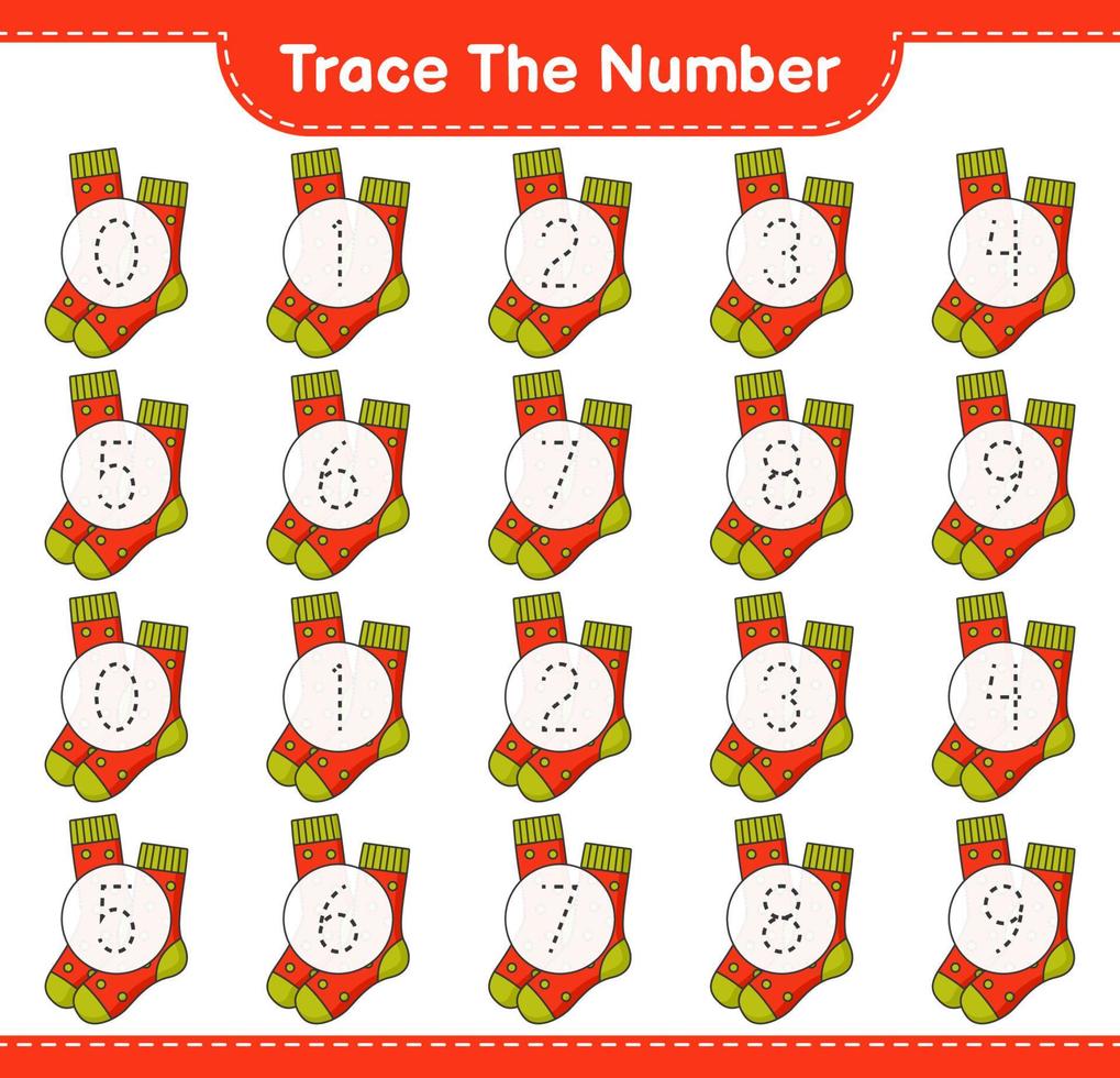 Trace the number. Tracing number with Socks. Educational children game, printable worksheet, vector illustration