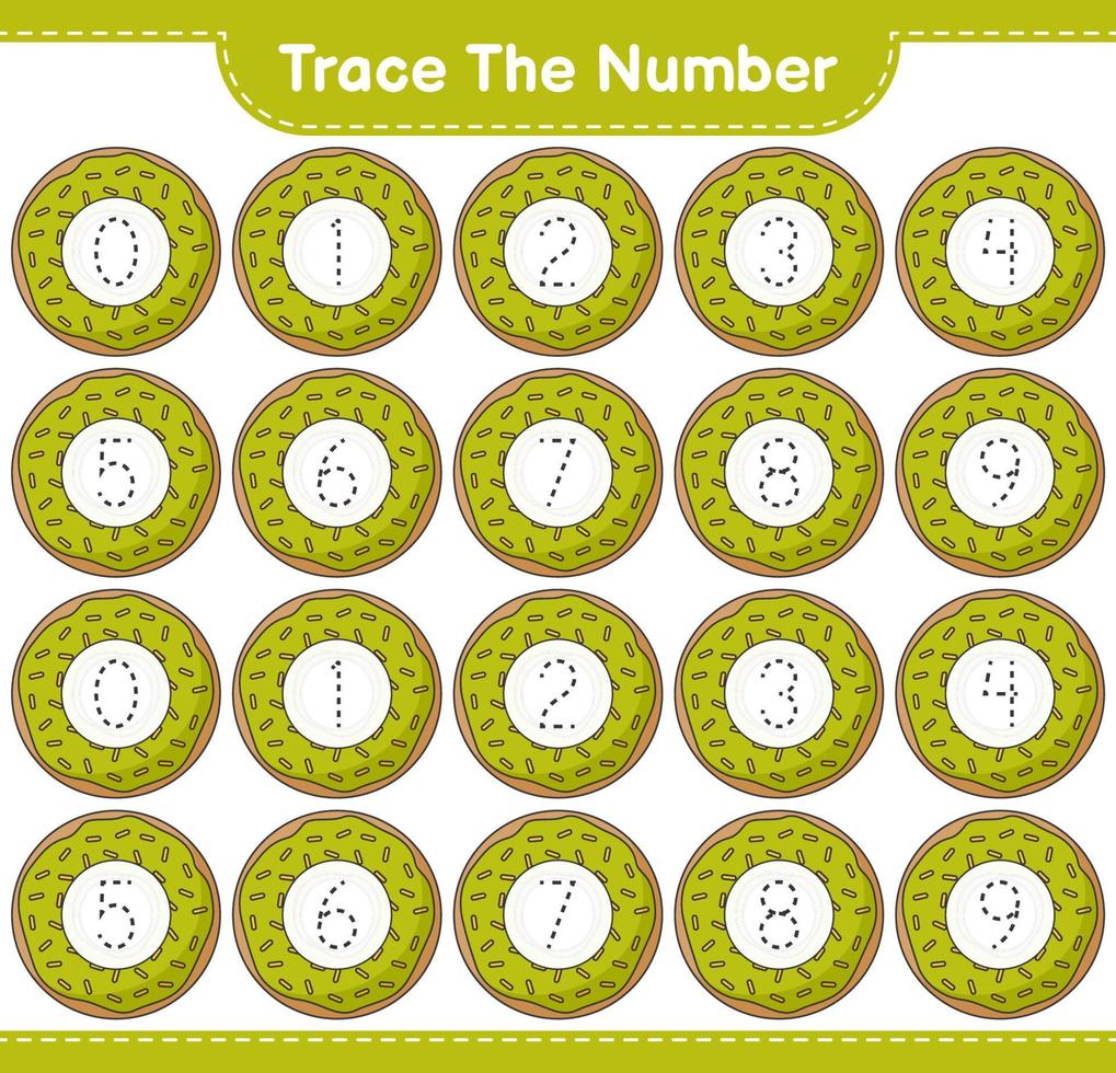 Trace the number. Tracing number with Donut. Educational children game, printable worksheet, vector illustration