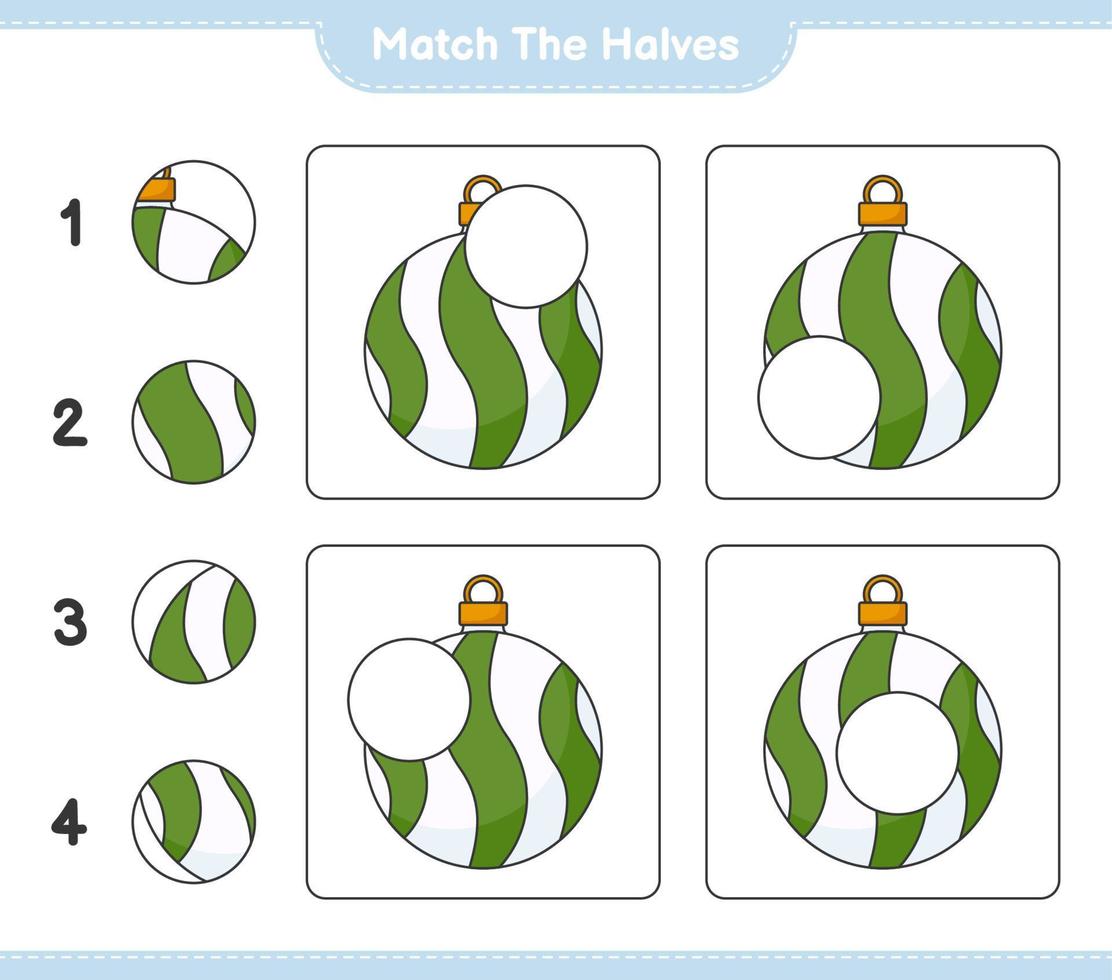 Match the halves. Match halves of Christmas Ball. Educational children game, printable worksheet, vector illustration