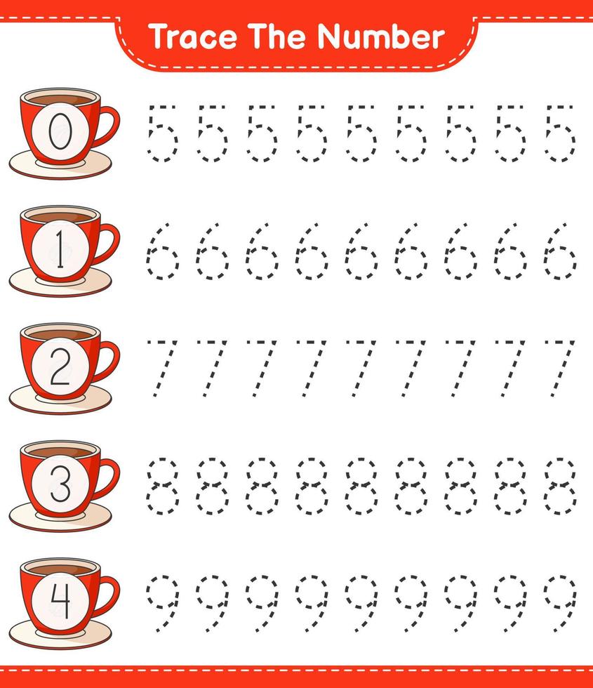 Trace the number. Tracing number with Coffee Cup. Educational children game, printable worksheet, vector illustration