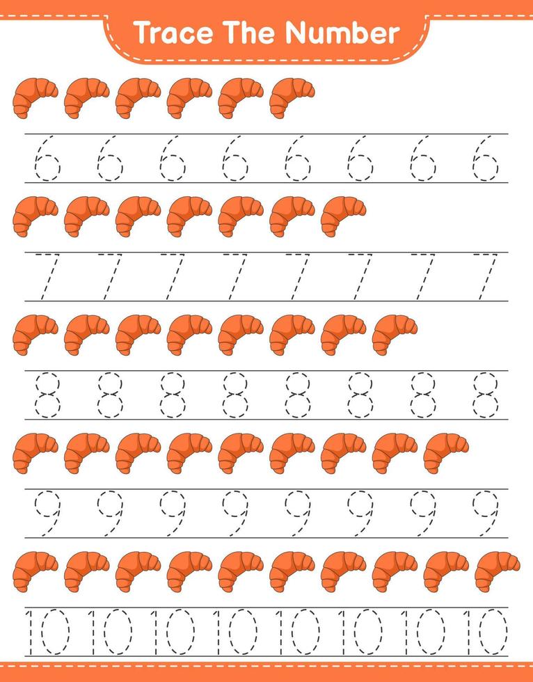 Trace the number. Tracing number with Croissant. Educational children game, printable worksheet, vector illustration