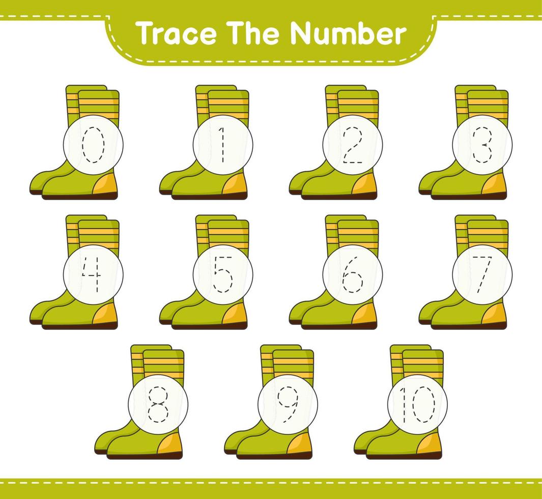 Trace the number. Tracing number with Rubber Boots. Educational children game, printable worksheet, vector illustration