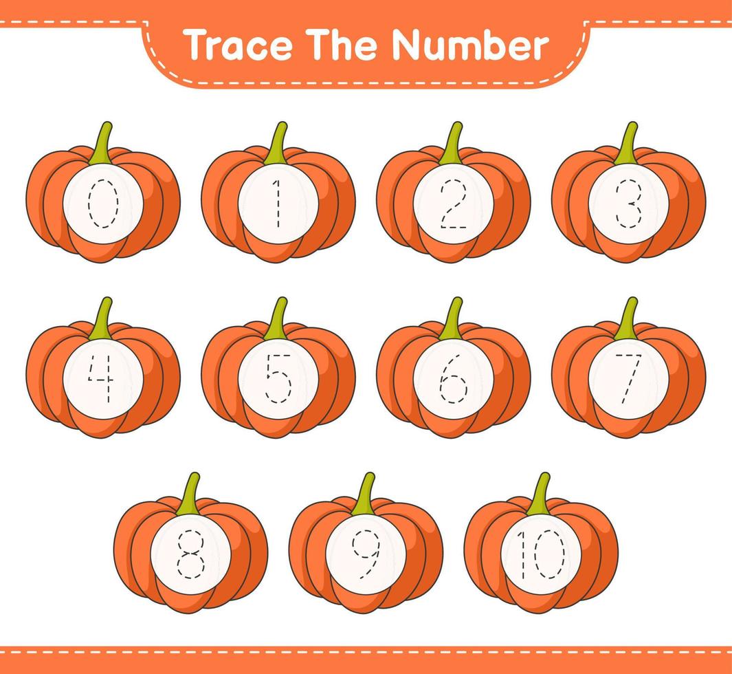 Trace the number. Tracing number with Pumpkin. Educational children game, printable worksheet, vector illustration