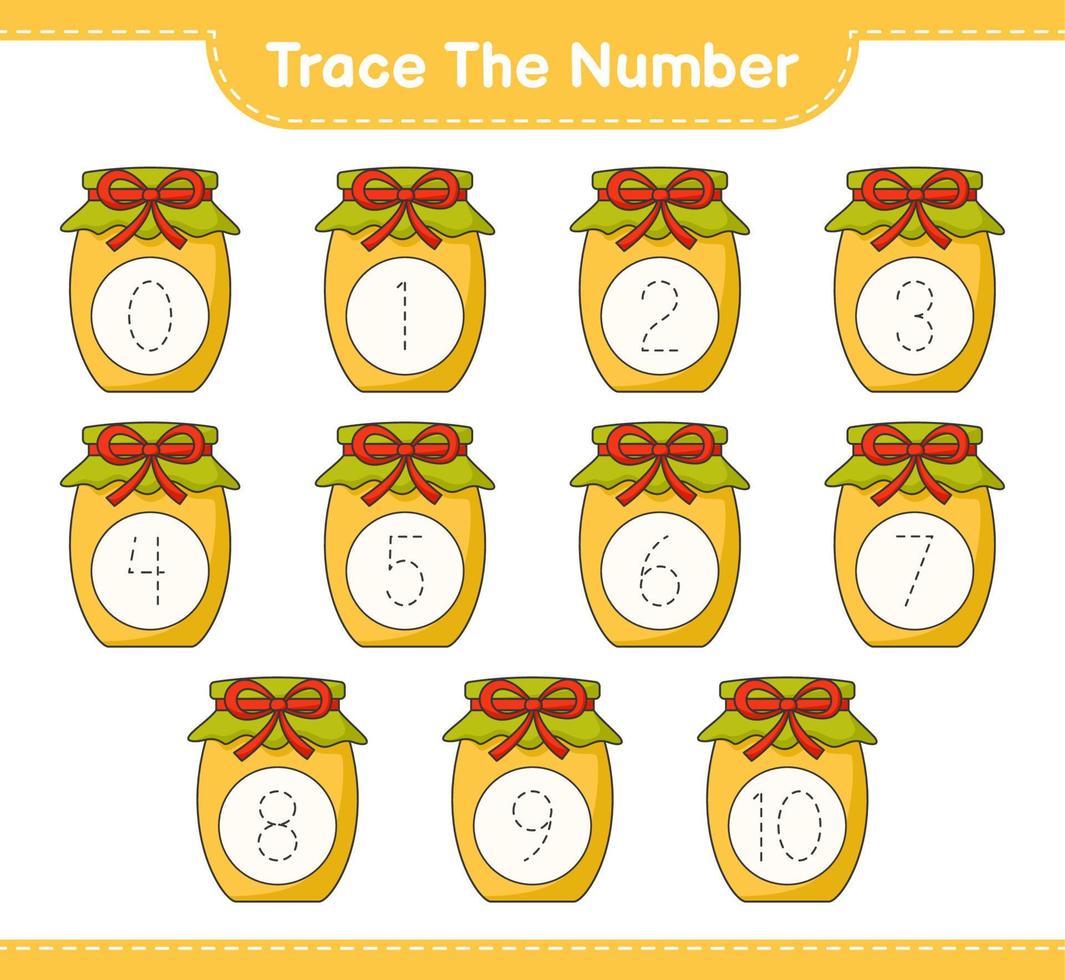 Trace the number. Tracing number with Jam. Educational children game, printable worksheet, vector illustration