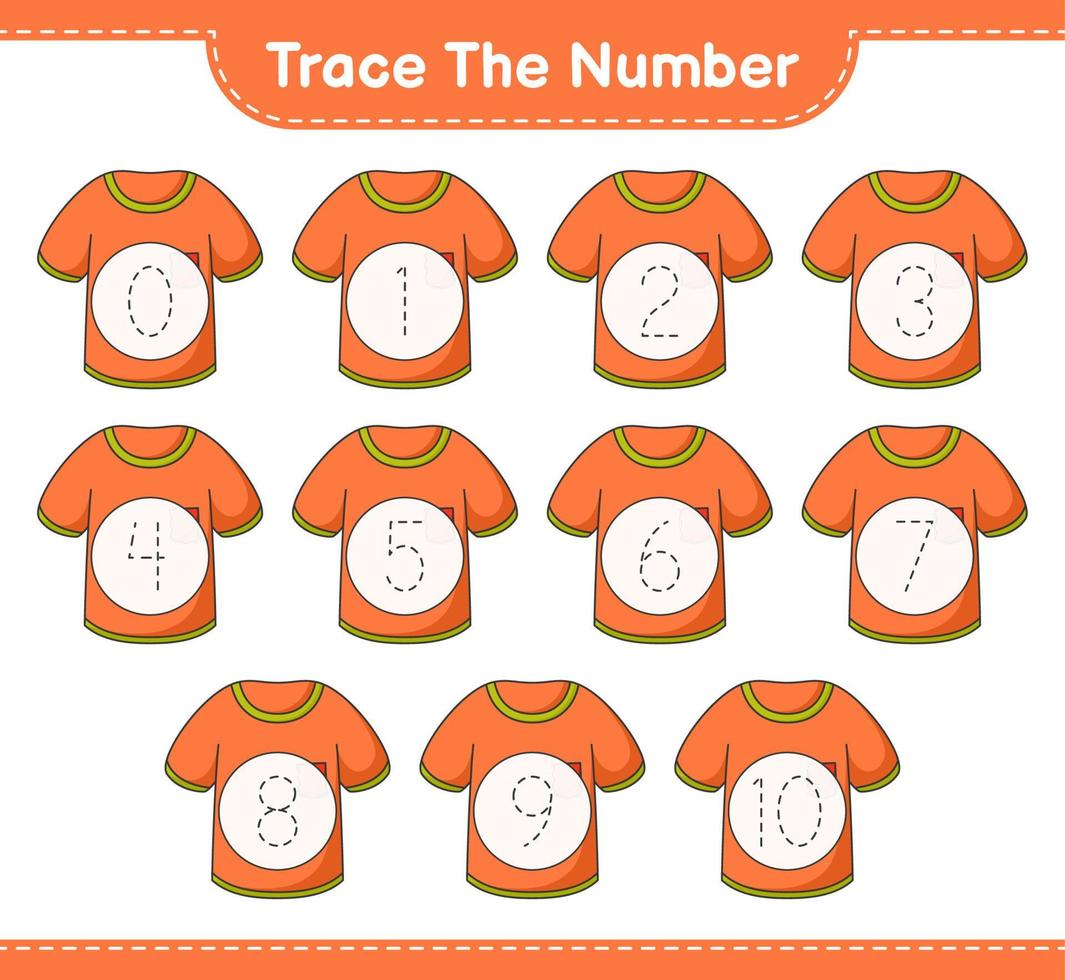 rastrear el número. número de rastreo con camiseta. juego educativo para niños, hoja de cálculo imprimible, ilustración vectorial vector