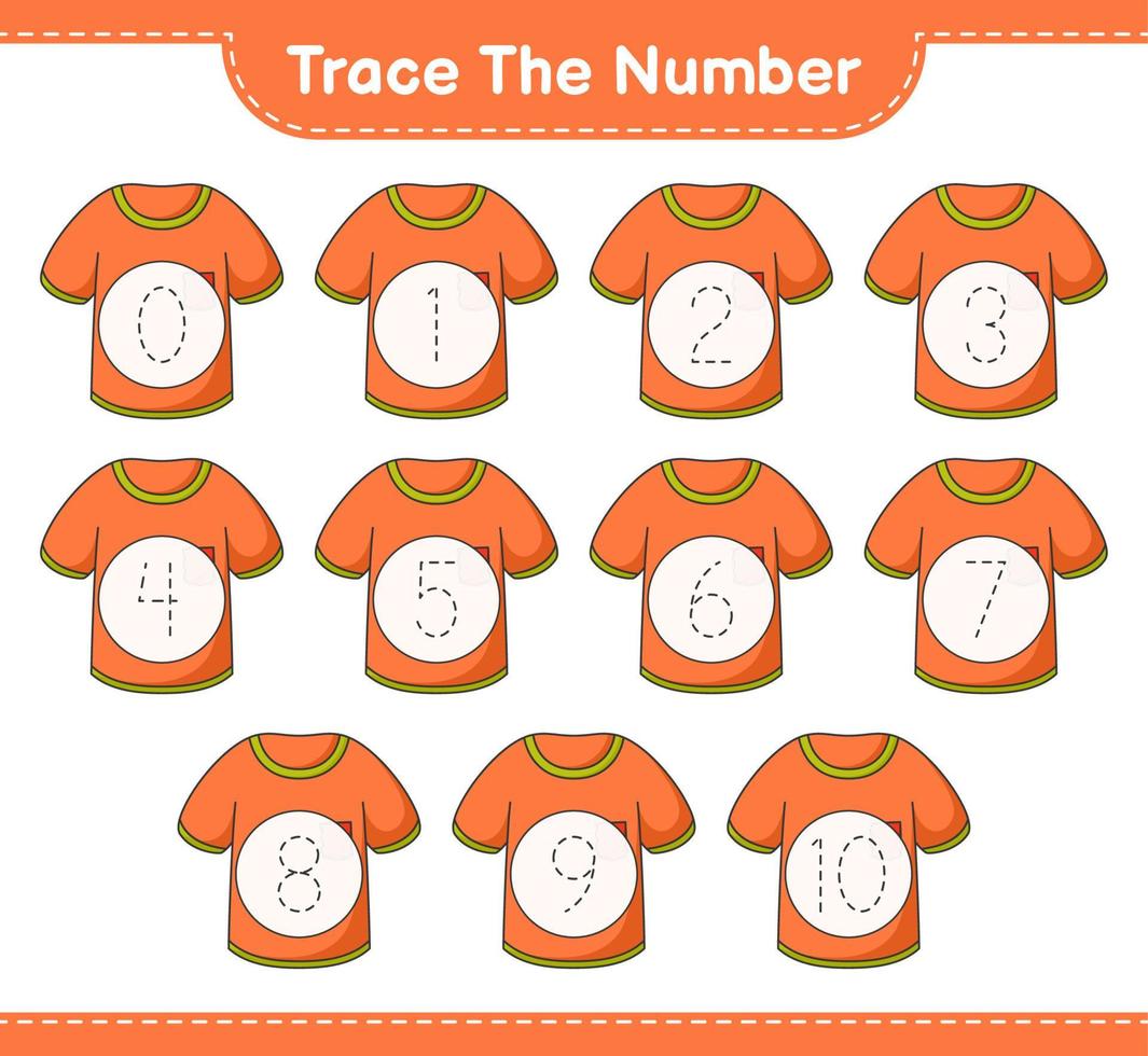 Trace the number. Tracing number with T-shirt. Educational children game, printable worksheet, vector illustration