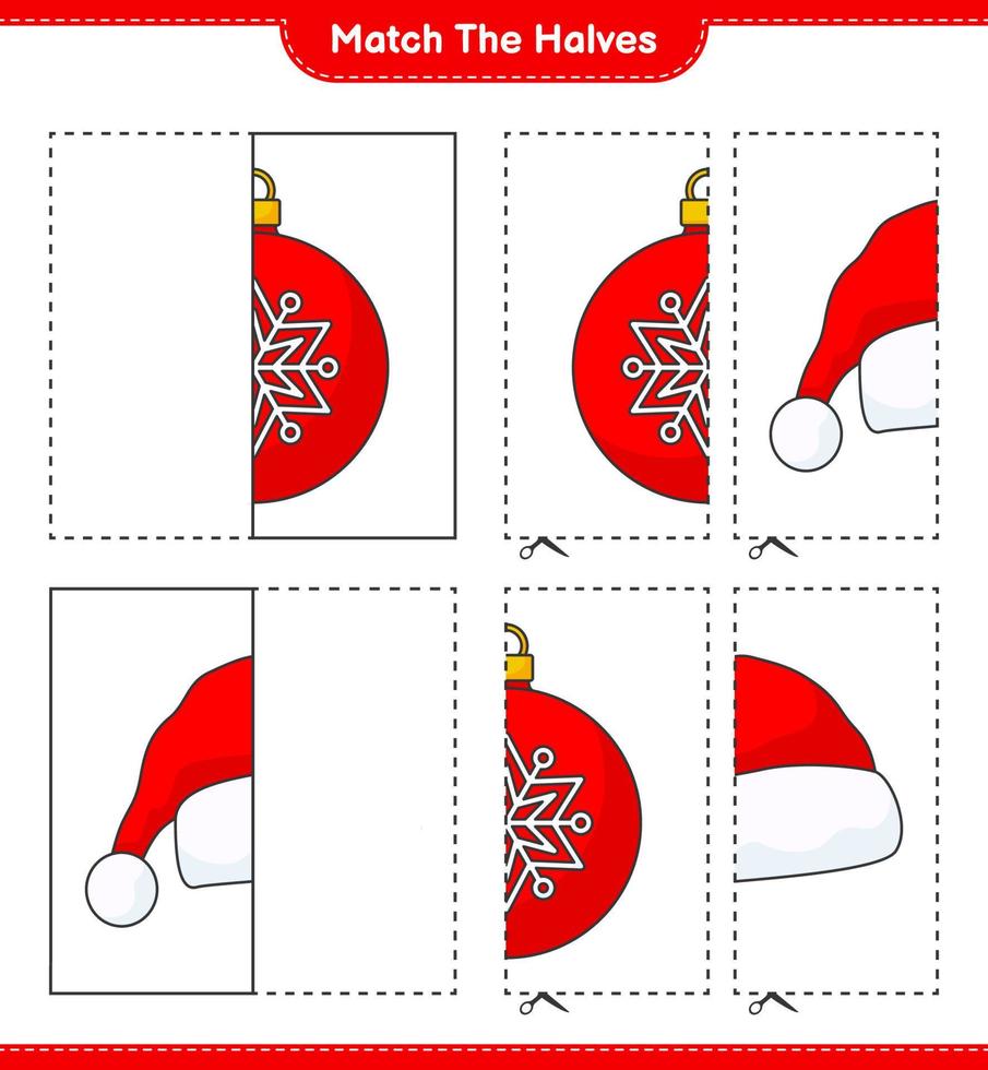 Match the halves. Match halves of Christmas Ball and Santa Hat. Educational children game, printable worksheet, vector illustration