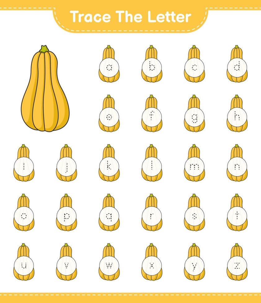 Trace the letter. Tracing letter alphabet with Butternut Squash. Educational children game, printable worksheet, vector illustration