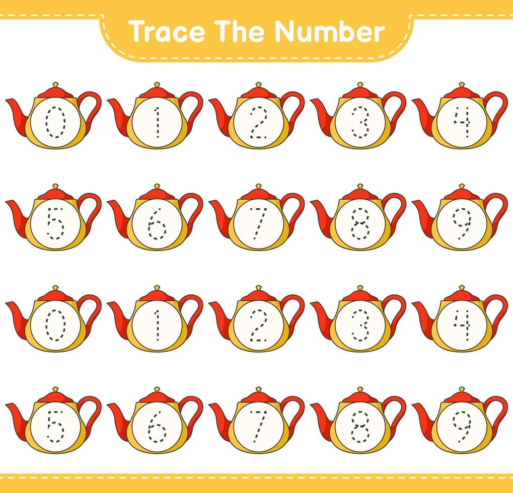 Trace the number. Tracing number with Teapot. Educational children game, printable worksheet, vector illustration