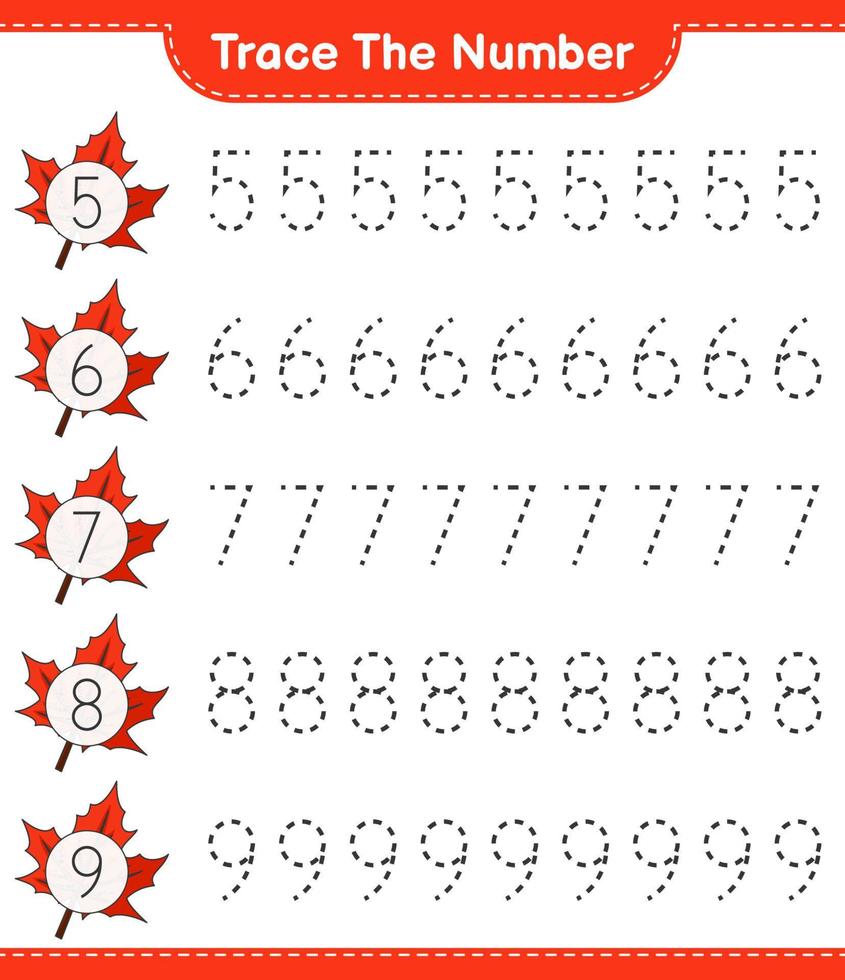 Trace the number. Tracing number with Maple Leaf. Educational children game, printable worksheet, vector illustration