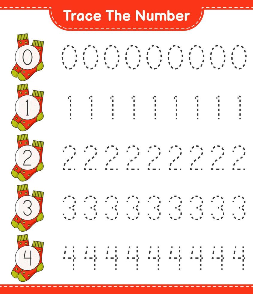 Trace the number. Tracing number with Socks. Educational children game, printable worksheet, vector illustration