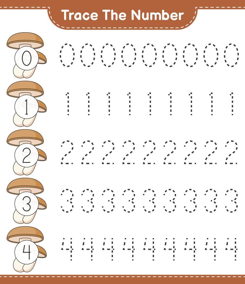 Trace the number. Tracing number with Shiitake. Educational children game, printable worksheet, vector illustration