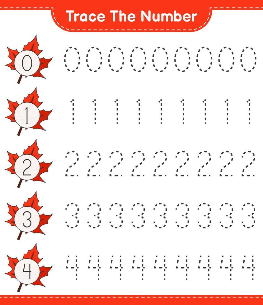 Trace the number. Tracing number with Maple Leaf. Educational children game, printable worksheet, vector illustration