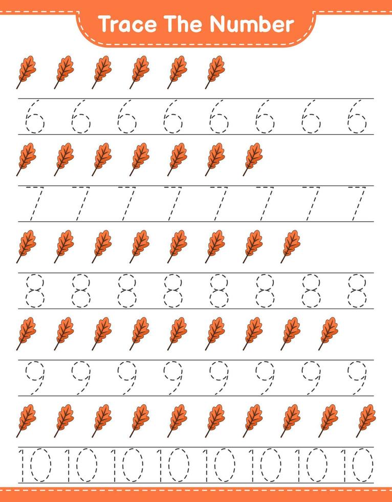 Trace the number. Tracing number with Oak Leaf. Educational children game, printable worksheet, vector illustration