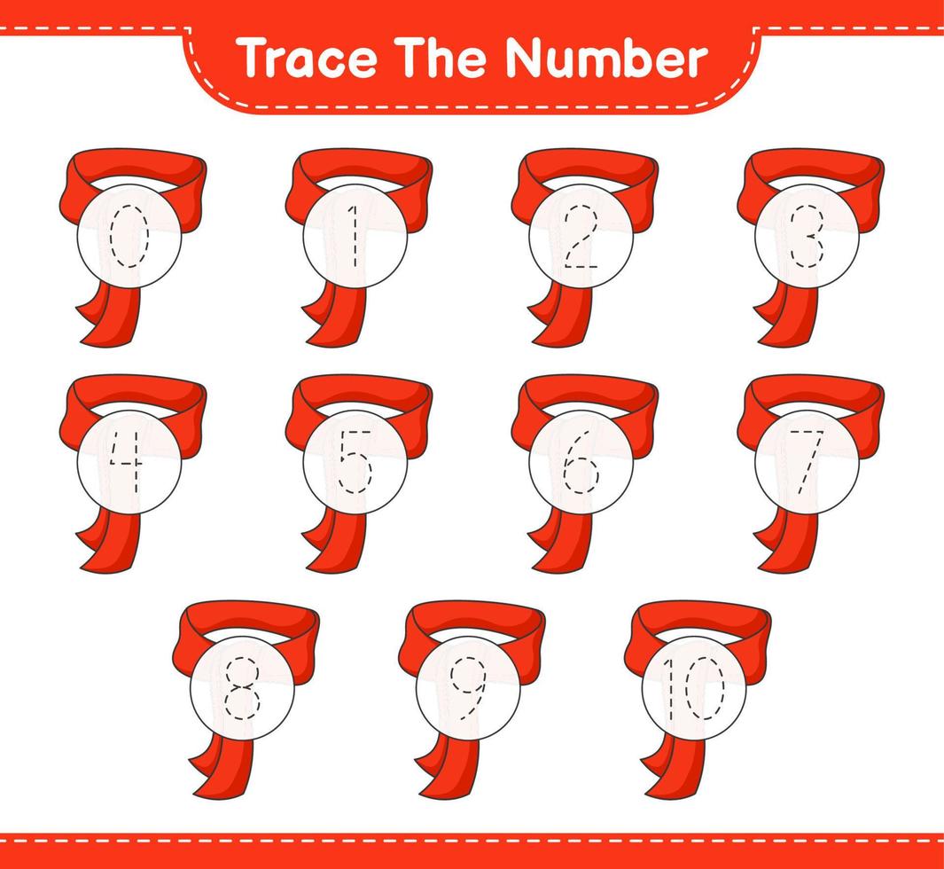 Trace the number. Tracing number with Scarf. Educational children game, printable worksheet, vector illustration