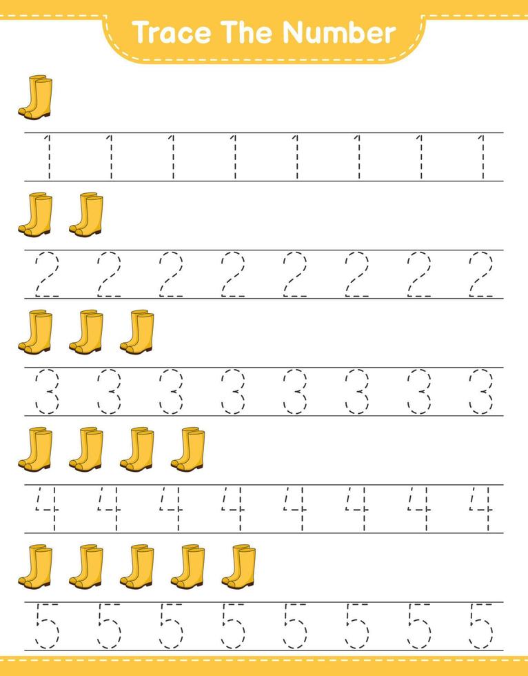 Trace the number. Tracing number with Rubber Boots. Educational children game, printable worksheet, vector illustration