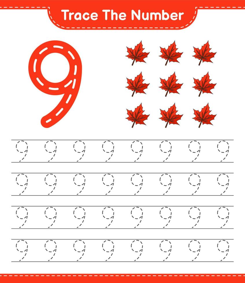 Trace the number. Tracing number with Maple Leaf. Educational children game, printable worksheet, vector illustration