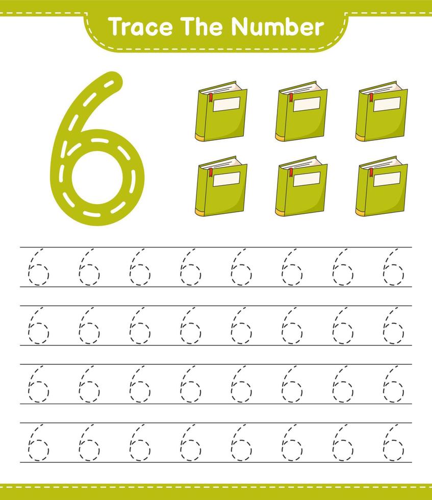 Trace the number. Tracing number with Book. Educational children game, printable worksheet, vector illustration
