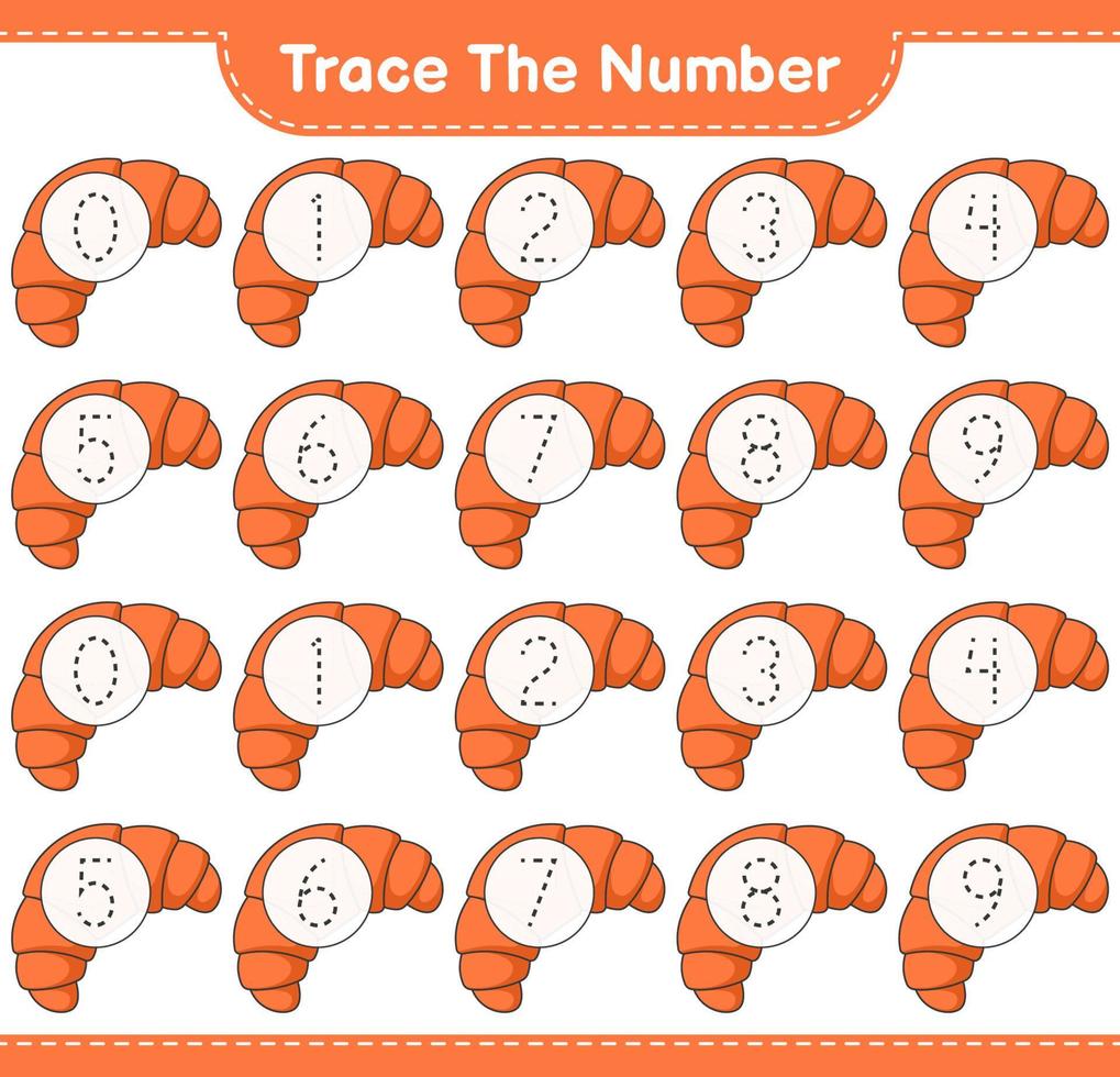 Trace the number. Tracing number with Croissant. Educational children game, printable worksheet, vector illustration