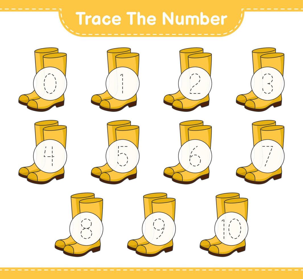 Trace the number. Tracing number with Rubber Boots. Educational children game, printable worksheet, vector illustration