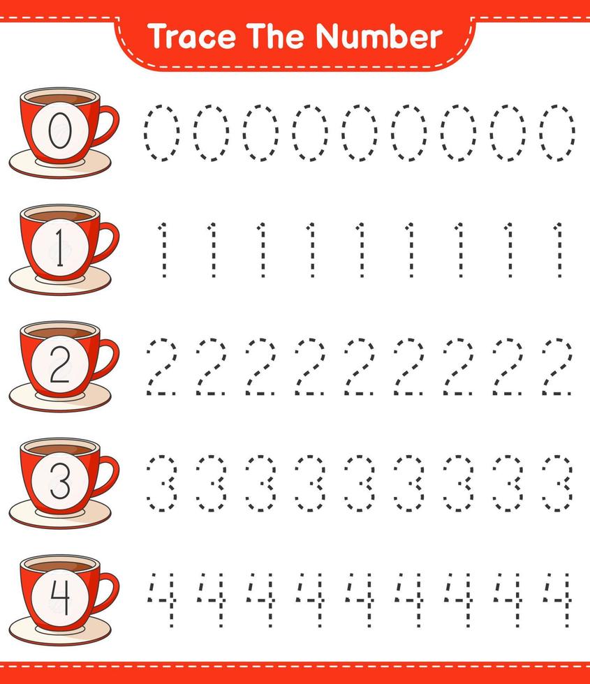 Trace the number. Tracing number with Coffee Cup. Educational children game, printable worksheet, vector illustration