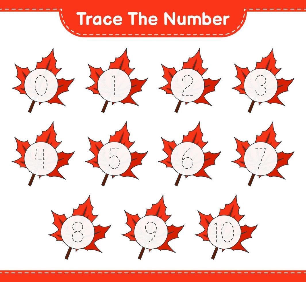 Trace the number. Tracing number with Maple Leaf. Educational children game, printable worksheet, vector illustration